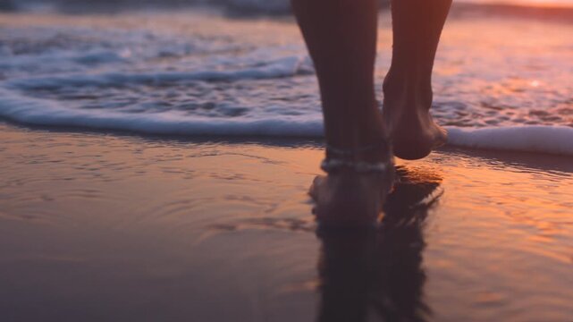 A girl on the beach. A close-up of a woman's bare feet on the beach. A woman walks along the beach and slowly enters the sea at sunset. Romance and love. Freedom and the joy of movement.