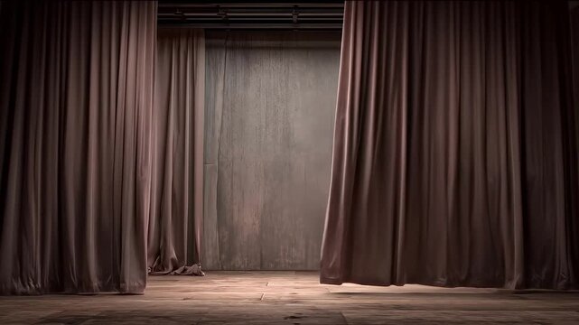 Empty theater stage curtain drape with spotlight on wooden floor, brown fabric folds framing blank backdrop wall, dim interior mood, vintage texture, quiet performance anticipation, copy space