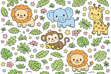 Naklejka premium Happy Jungle Animals and Leaves Seamless Pattern Vector