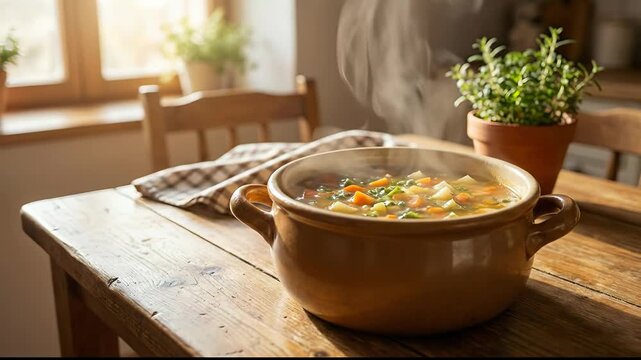 Steaming homemade soup on rustic table in warm kitchen light.