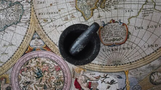 The Spice Route. An ancient map of the then known world dating back to around 1500, showing the continents for the spice trade.