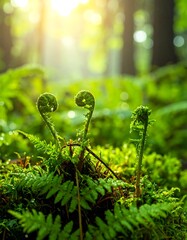 Close-up of ferns in a forest setting with sunlight shining through trees in the background