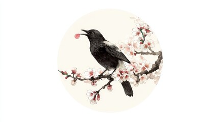 Fototapeta premium Black bird with light pink bloom perched on a flowering branch illustration