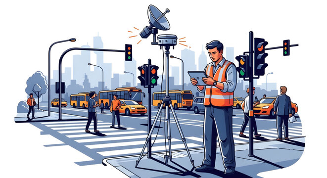 Surveyor with tablet and tripod in busy smart city street,  A detailed vector illustration of a surveyor using a tablet and a tripod-mounted GNSS receiver in a bustling smart city environment