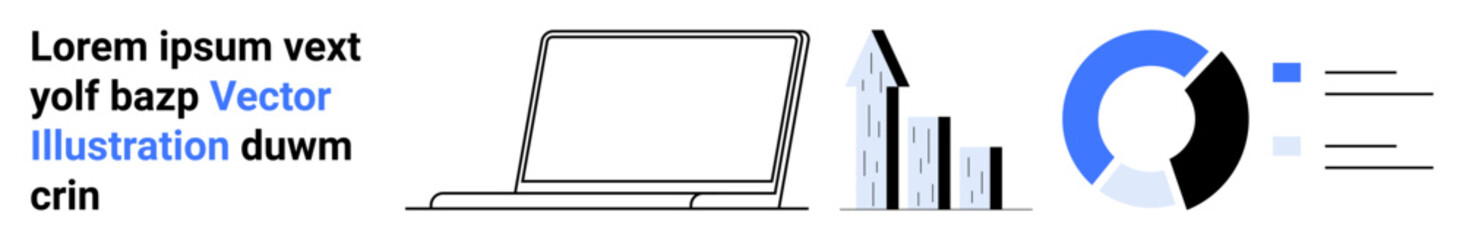 Business analysis, data visualization, report generation, marketing strategies, progress tracking, digital tools. Laptop accompanied by bar graph and pie chart. Business analysis and data