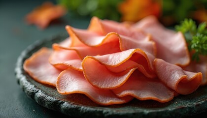 Thinly sliced ham arranged on dark plate. Pink meat with orange edges looks fresh and delicious. Served with parsley garnish. Ready for meals.