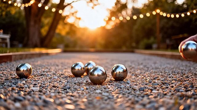Boules game on gravel court at sunset