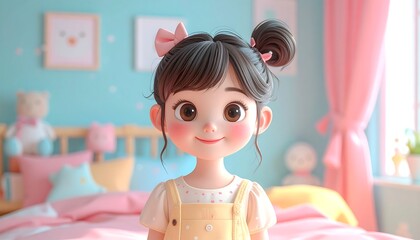 Fototapeta premium A cartoon girl with a pink bow standing on a bed in a pastel-colored bedroom with soft lighting and cozy decor.