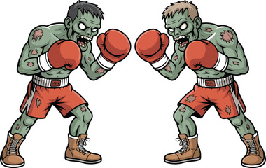 Cartoon Zombie Boxing Vector Set  Red Gloves, Ripped Shorts, Fighting Poses © MSTZOWRON