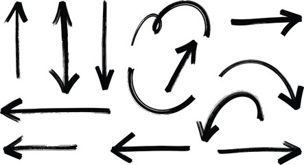 Hand Drawn Black Arrow Set Showing Different Directions and Curved Shapes Isolated on White Background for Design Elements