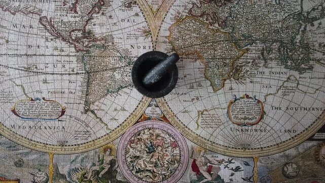 The Spice Route. An ancient map of the then known world dating back to around 1500, showing the continents for the spice trade.