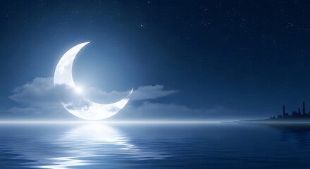 Fototapeta premium A serene nighttime scene featuring a crescent moon shining brightly over calm water with a city skyline in the distance.