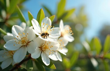 Fototapeta premium Bee collects nectar from white eucalyptus blossom. Insect pollinates delicate flower petals on sunny day. Green leaves surround bloom, providing natural background.