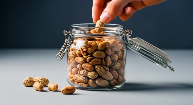 Hand Reaching Into Glass Jar to Grab Peanuts, Healthy Snack