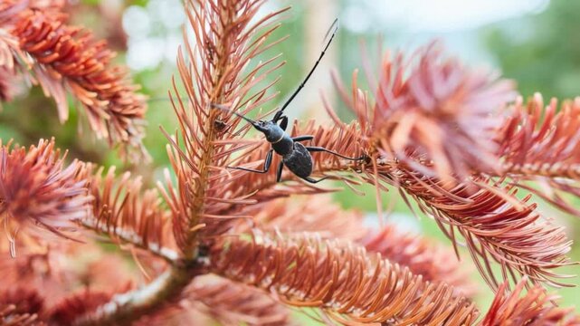 A large barbel beetle on a branch of a dried fir tree, Ai generated