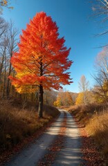 Obraz premium Dirt road winds through autumn forest with bright orange tree. Dry grass lines path, fallen leaves scatter. Clear blue sky above bare branches and colorful foliage.
