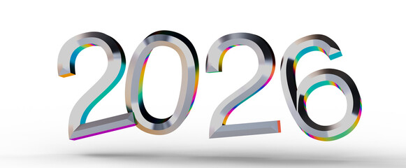 The year 2026 in metallic silver with colorful rainbow gradients. Ideal for New Year greetings, future events, or futuri © vegefox.com
