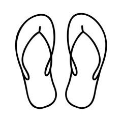 Minimalist hand drawn cartoon style flip flops icon, simple black line art outline pair of summer shoes, beach footwear. Concept flip flops for web design, app interface, or vacation themed branding.