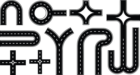 Road intersection and street curve icon set, highway junctions roundabout crossroads, black transport map vector collection isolated ©  Alexander Creations