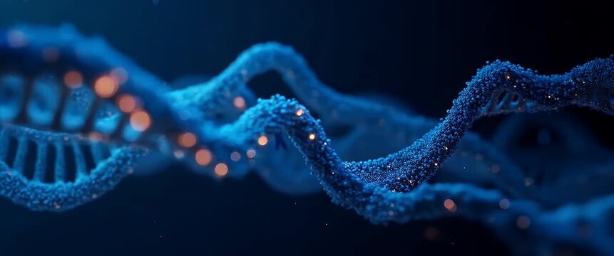 DNA helix strands gently twist and sway, illuminated by glowing particles, as the camera smoothly pans in a cinematic style, highlighting the intricate molecular structure.