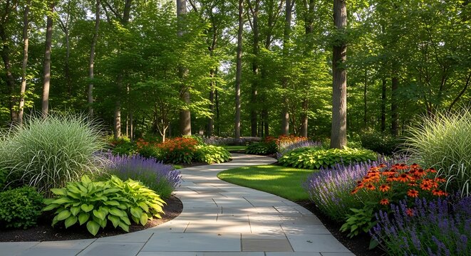 Serene winding stone pathway through a lush garden with vibrant flowers and forest backdrop