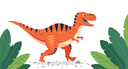 Naklejka premium Cute cartoon orange tyrannosaurus rex walking among jungle plants