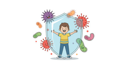 Little boy protected by medical shield from cartoon germs