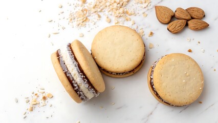 Sweet alfajores cookies with dulce de leche filling and shredded coconut on marble surface