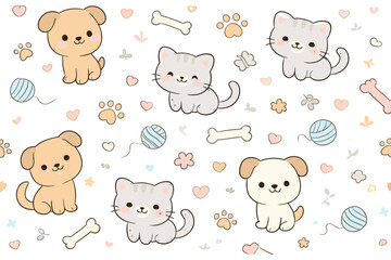 Obraz premium Cute Kawaii Puppies and Kittens Pattern