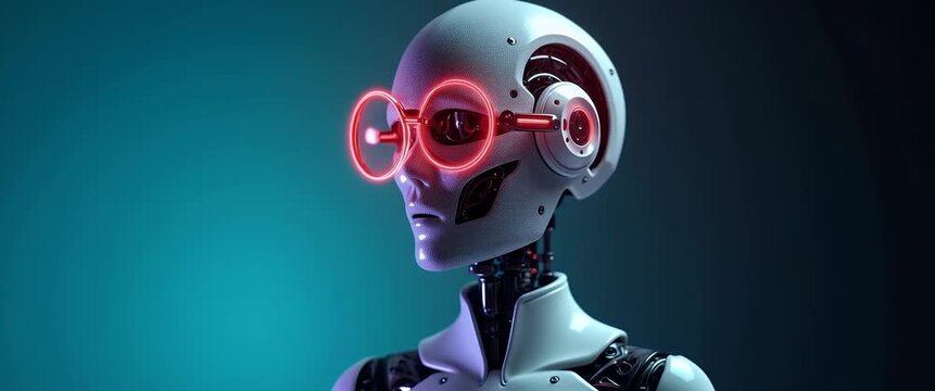 Futuristic robot with glowing glasses gently turns head as camera slowly pans, with ambient lights flickering in a cinematic, high-tech setting.