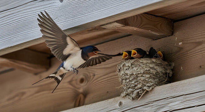A bird flies towards its nest with hungry chicks waiting inside a wooden structure