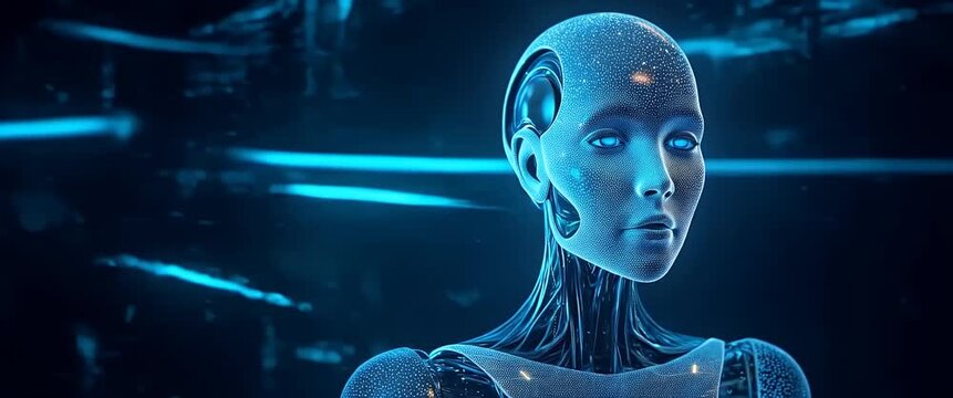 Futuristic AI robot head with illuminated circuits gently rotates as camera pans amidst dynamic digital data stream in a cinematic and high-tech environment.