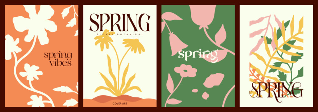 Trendy abstract spring botanical cover collection with warm color palette