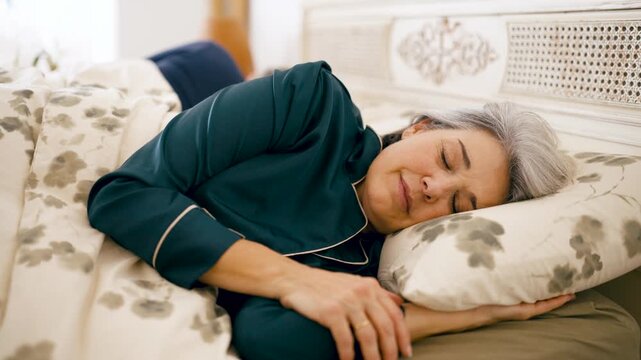 Calm elderly woman with gray hair resting in her cozy bedroom. Peaceful mature lady wearing pajamas and enjoying a good night's sleep