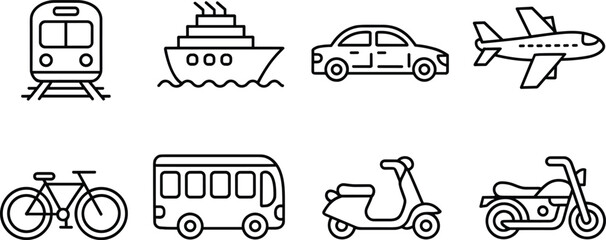 Transport vehicle line icon set, train ship car airplane bus bicycle scooter motorcycle, modern outline vector collection isolated ©  Alexander Creations