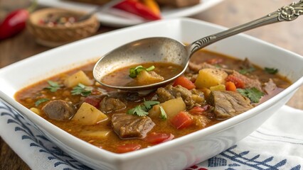 Hearty beef stew with potatoes and tomatoes garnished with fresh parsley in white bowl
