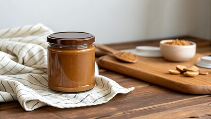 Homemade dulce de leche in glass jar with lid on wooden table with small spoon and bowl