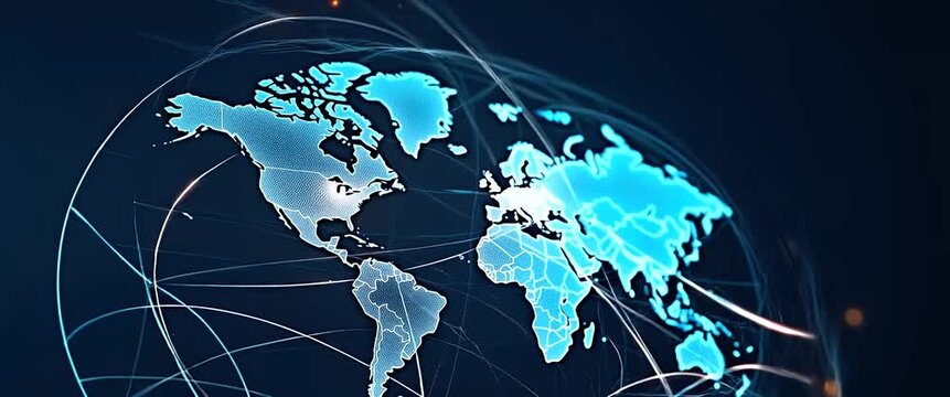 Dynamic digital map with glowing continents, gentle ambient light flickers, and a slow cinematic pan, illustrating global connectivity and technology evolution in a futuristic style.