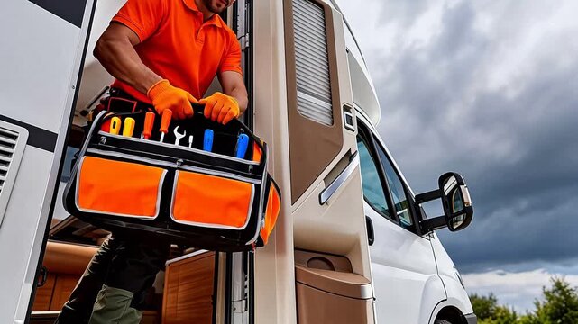 Worker holding tool bag at RV