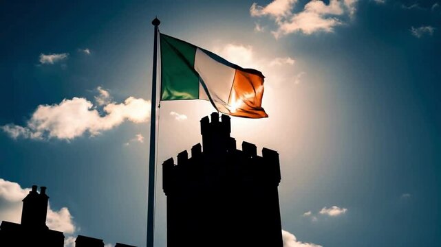 Irish Flag Aloft: The vibrant green, white, and orange of the Irish flag dance proudly against a backdrop of a clear sky with a castle silhouette.