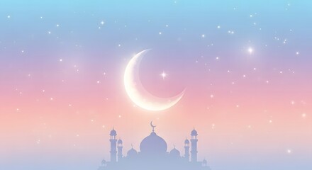 Beautiful Crescent Moon and Mosque Silhouette Under a Pastel Sky