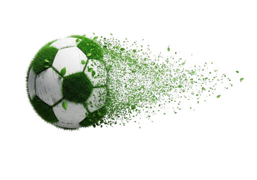 Soccer ball disintegrating into green pixels isolated on transparent background