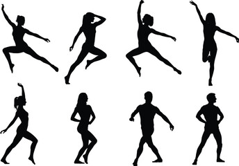 Obraz premium Vector illustration of human silhouette collection—symbols for dance, motion, athletic activity, posture, gesture, body language, fitness, performance, art, and artistic representation