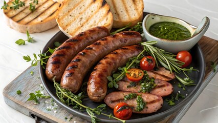 Grilled sausages with fresh herbs, cherry tomatoes, and chimichurri sauce on dark plate