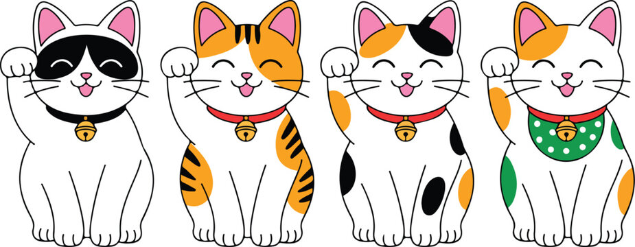 Cute Lucky Cat Vector Set  Waving Paw, Smiling Maneki Neko Characters