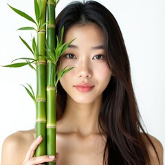 Naklejka premium Young asian woman holds green bamboo stalks. Her face shows soft skin and serene expression, promoting natural beauty and wellness. Pure, healthy look.