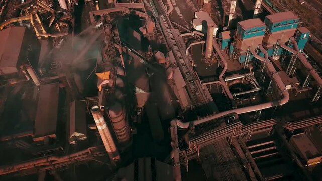 Factory plant smoke from chimneys metallurgical plant drone flyover