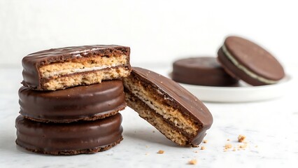 Stack of chocolate covered wafer cookies with cream filling, cross section view