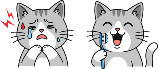 Cute Cartoon Cat with Toothache and Brushing Teeth Illustration Set, Funny Kitty Dental Care and Oral Hygiene Concept © Sanjida