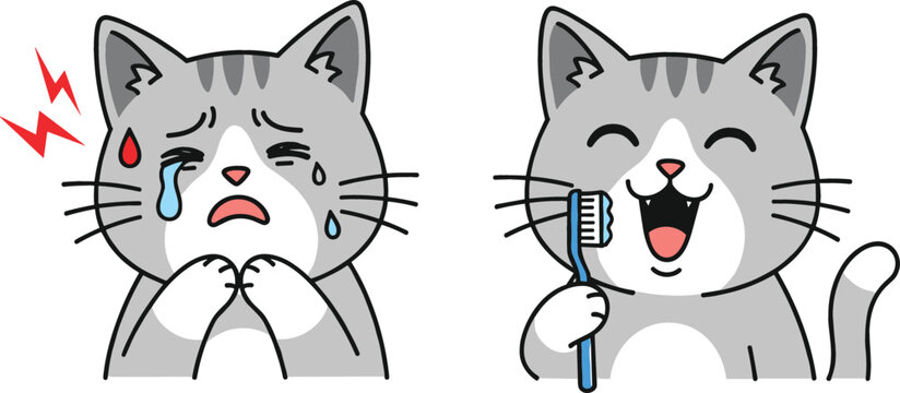 Cute Cartoon Cat with Toothache and Brushing Teeth Illustration Set, Funny Kitty Dental Care and Oral Hygiene Concept